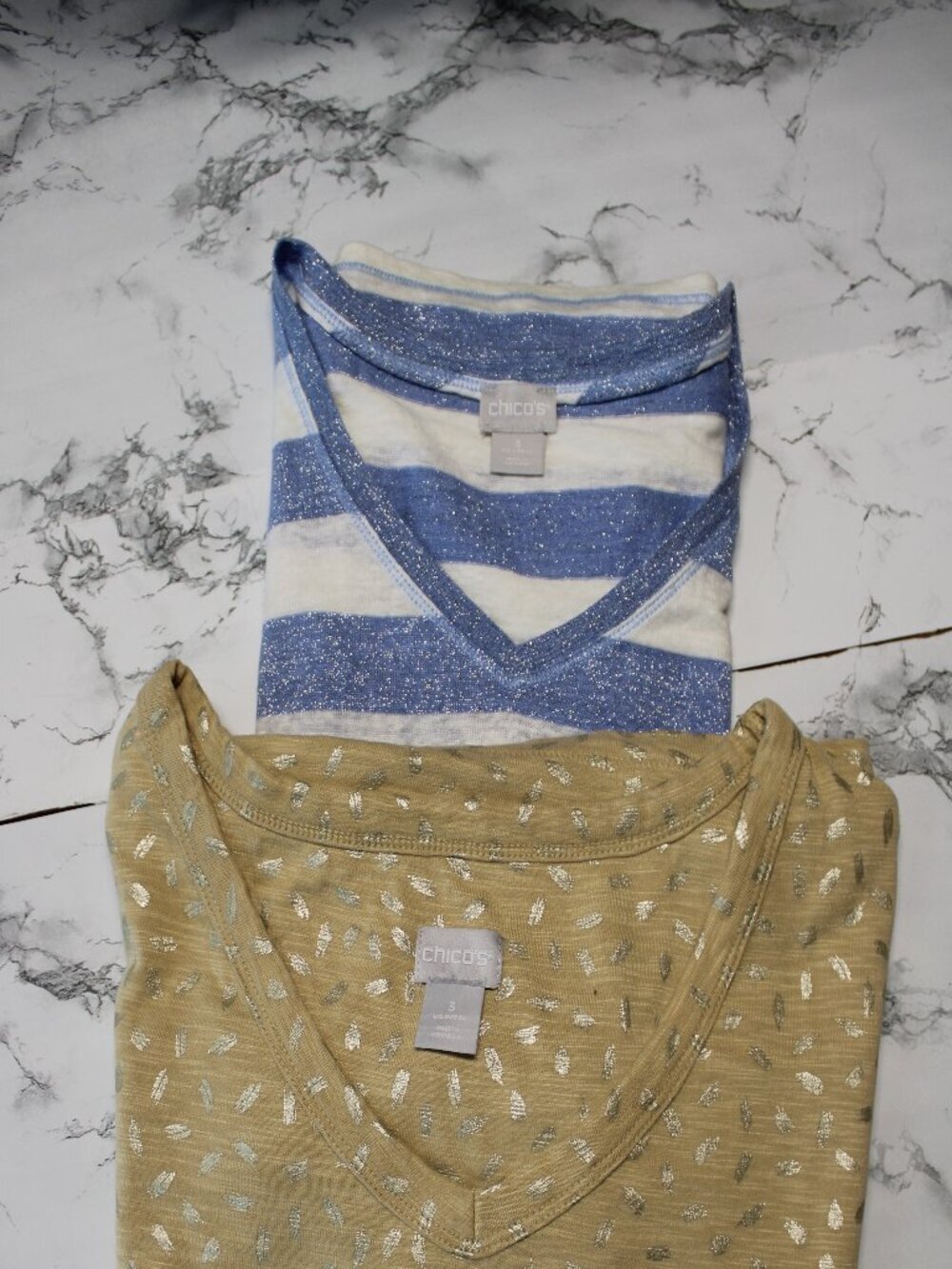 Chicos Size 3 (XL) Blue Linen Blend Tan Cotton Blend Casual T-Shirt Bundle of 2